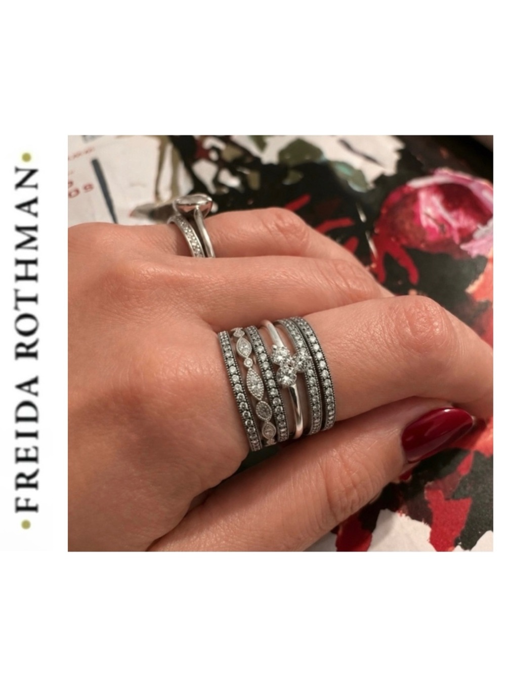Freida Rothman Triple Clover Ring Sterling Silver CZ  Size 8 Stacking Ring